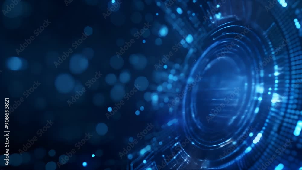 Poster horizontal video of futuristic blue digital interface with concentric circles and light particles, t