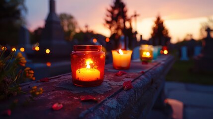 A solemn and traditional scene of lit candles in a cemetery with graves and tombstones. A calm and reflective image about transience.