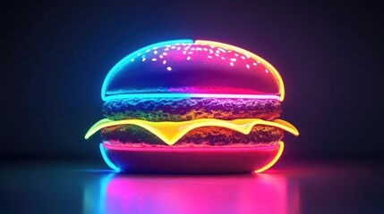 Vibrant neon burger glowing with colorful lights, creating a fun and modern look.