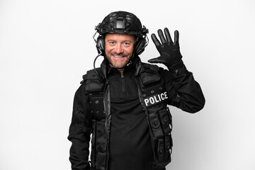 Middle age SWAT man isolated on white background counting five with fingers