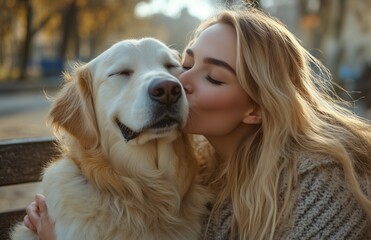 Young woman with long blonde hair kisses golden retriever dog in summer park