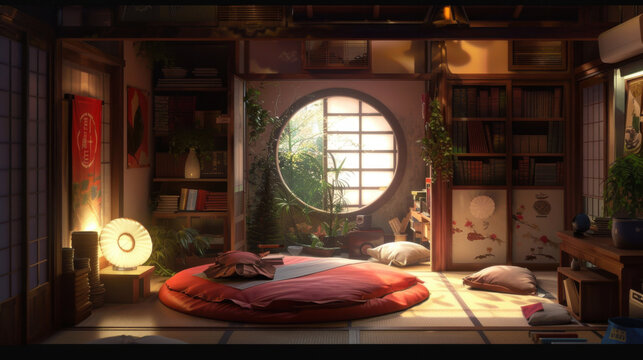 The interior's house of the uchiwa from konoha in the universe of Naruto. A bedroom.