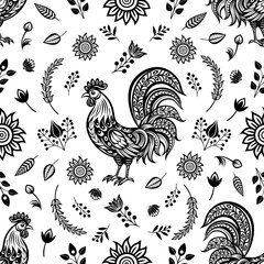 Seamless background vintage floral design with rooster