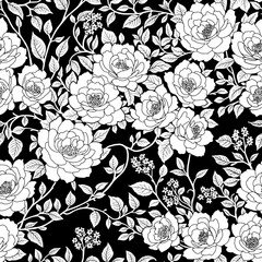 Floral Seamless Pattern of Roses Flowers and leaves in Chinoiserie style White Silhouettes on Black Background. Wallpaper Design for Textiles, Papers, Prints, Beauty Products.
