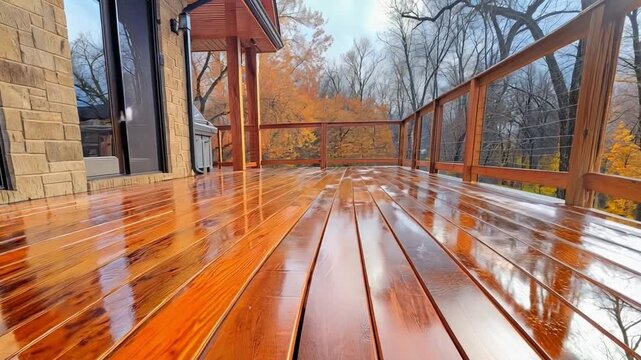 In the early spring, stain the patio of a huge walk-out cedar wood deck home.