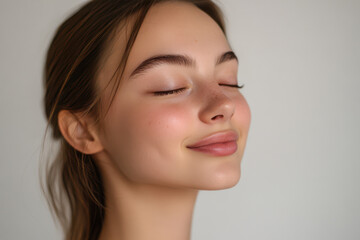 A close up of a girl's face with her eyes closed