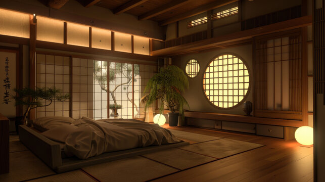 The interior's house of the uchiwa from konoha in the universe of Naruto. A bedroom. 