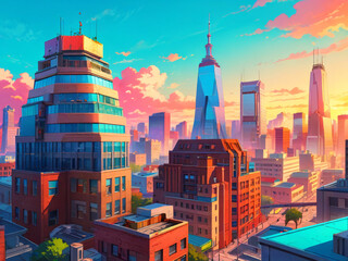 Obraz premium Brightly colored vibrant illustration of a cartoon like style cityscape, modern city buildings