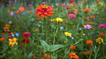 Fototapeta premium Serene Zinnia Standing Amid Vibrant Wildflowers in a Sunlit Meadow
