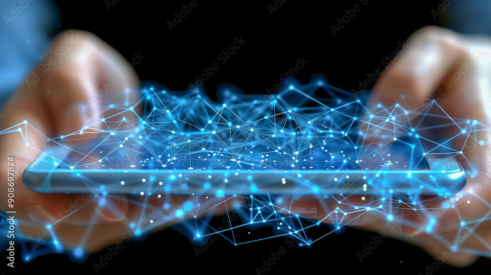 Poster futuristic digital network interaction on smartphone..