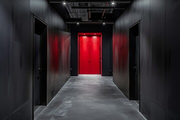 Monochrome Industrial Corridor with Red Door. A sleek, industrial-style corridor with matte black walls and gray concrete floors. The only pop of color is a bright red door at the end of the hallway, 