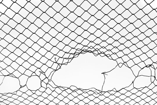 Opening in metallic fence isolated on white background . Challenge. uncertainty. breakthrough concept. metaphor. Chain-link, wire netting, wire-mesh, cyclone hurricane fence