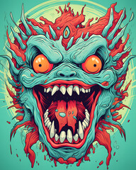 Monster headfull aggressive expression lowbrow surrealist illustratration