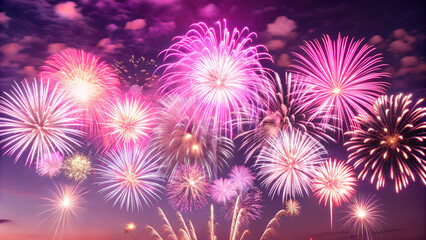 Fototapeta premium Bright Multicolored Fireworks Burst Against Night Sky, Festive Display