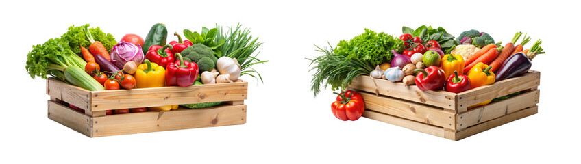 Vegetables in Wooden Box on a Transparent Background, Isolated Wooden Box with Veggies.