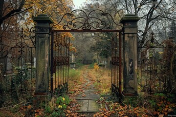 Old Cemetery Gates: The entrance to an old cemetery with rusted iron gates, overgrown weeds, and a sense of foreboding. 