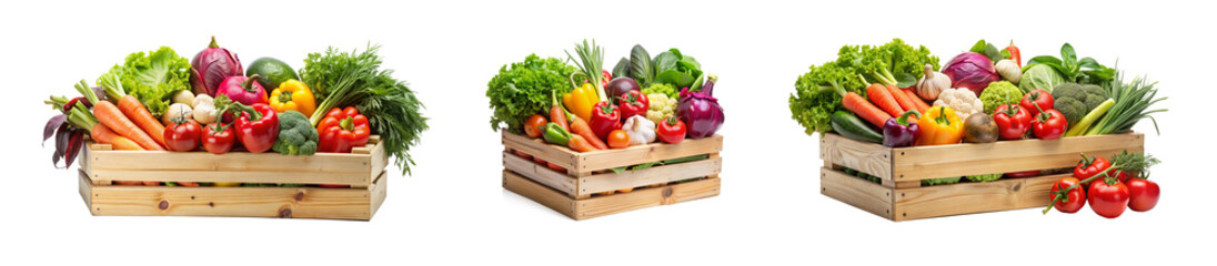 Vegetables in Wooden Box on a Transparent Background, Isolated Wooden Box with Veggies.