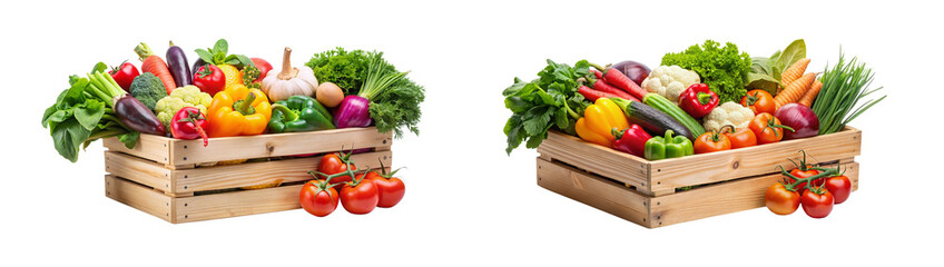 Vegetables in Wooden Box on a Transparent Background, Isolated Wooden Box with Veggies.