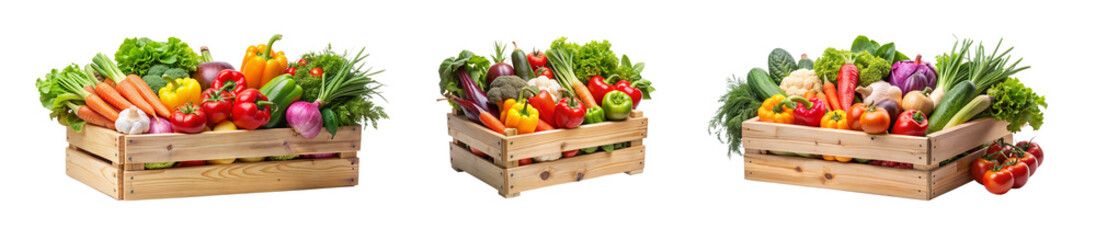 Vegetables in Wooden Box on a Transparent Background, Isolated Wooden Box with Veggies.