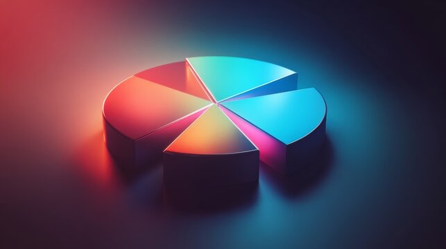 3D financial pie chart with radiant, glowing segments and a high-contrast background.