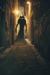 Shadow of the Unknown. A dark, looming shadow in the shape of a monstrous figure stretches across an alleyway, its form indistinct yet menacing, with glowing eyes peering from the darkness