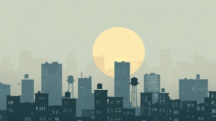 Obraz premium Chinese minimalism illustration, silhouette of a city skyline with residential buildings and a water tower, flat illustration Chinese illustration on soft gray background, empty copy space 