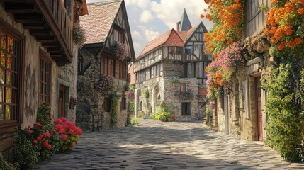 3D illustration of a charming European village with cobblestone streets and historic buildings.