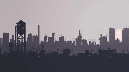 Chinese minimalism illustration, silhouette of a city skyline with residential buildings and a water tower, flat illustration Chinese illustration on soft gray background, empty copy space