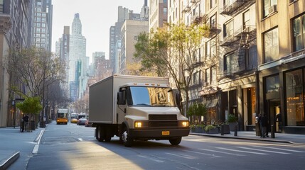Fototapeta premium A medium-sized delivery truck navigating through an urban area