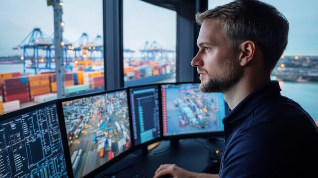 A logistics manager monitoring real-time shipping data on multiple screens