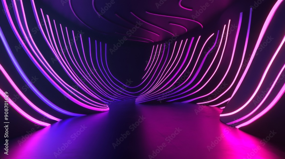 Poster 3d illustration of a room with black walls and neon lights in dynamic, flowing patterns.