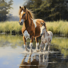 Obraz premium Picturesque Sunset View: Playtime of an Adorable Foal and its Affectionate Mother in an Enchanting Meadow