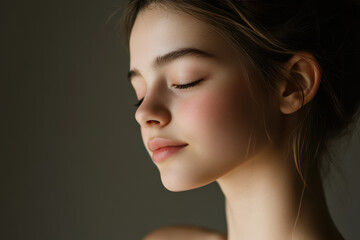 A close up of a girl's face with her eyes closed