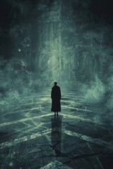 Obraz premium Specter of Lost Opportunities or Direction. A ghostly figure standing in an empty space, facing various directions, unsure of where to go