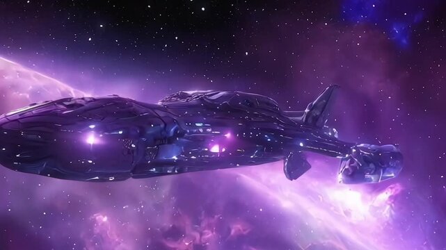A deep-space alien battleship travels across a galactic starfield