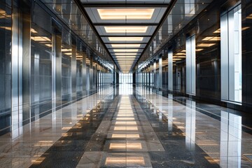 Obraz premium Symmetrical High-Rise Office Corridor. A long, perfectly symmetrical hallway with mirrored walls on both sides, polished marble floors, and evenly spaced modern light fixtures on the ceiling. 