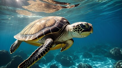 Fototapeta premium A mother turtle swimming gracefully through crystal-clear waters, with her tiny hatch lings following in a line 
