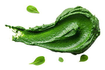 Green italian Pesto spread or blob isolated on white background. homemade spilled sauce made of ground basil top view isolated on transparent background PNG