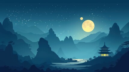 Fototapeta premium Chinese minimalism illustration, silhouette of a moonlit night with stars, flat illustration Chinese illustration on soft midnight blue background, night setting, empty copy space