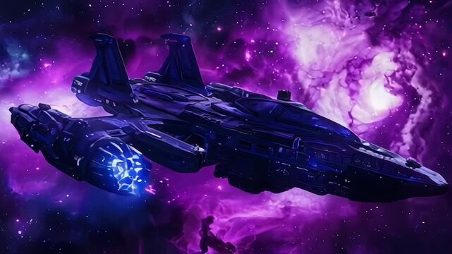 A deep-space alien battleship travels across a galactic starfield