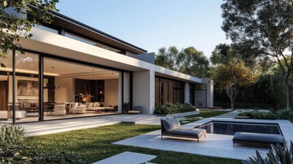 Fototapeta premium 3D rendered image of a stylish modern home with a seamless indoor-outdoor living area.