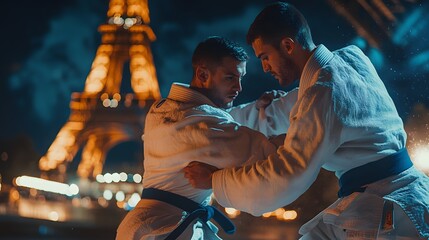 Fototapeta premium Judo athletes in a throw, intense movement, Eiffel Tower in the background, indoor lighting, bold and impactful style, determined mood