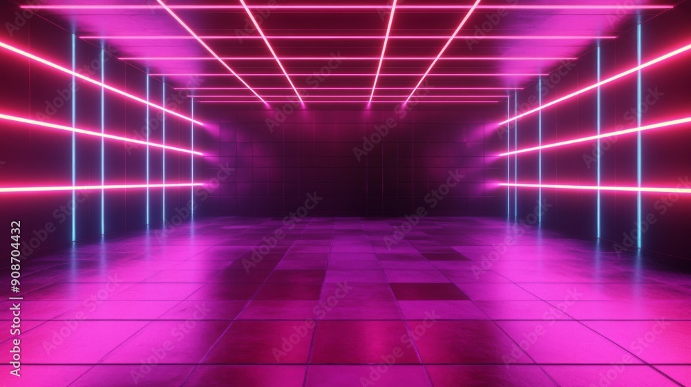 Poster 3d rendered neon-lit room with black walls and a striking neon grid pattern