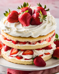 A delicate strawberry shortcake, featuring layers of light sponge cake, fresh strawberries, and whipped cream