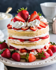 A delicate strawberry shortcake, featuring layers of light sponge cake, fresh strawberries, and whipped cream