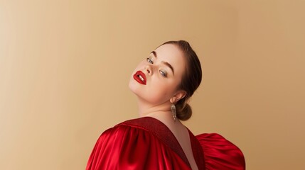 Beautiful fashion model with Down's syndrome posing in studio in red dress