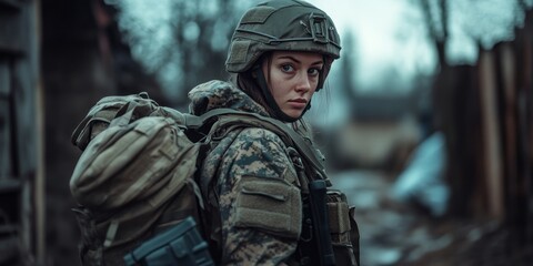 Naklejka premium Portrait of a female US Army soldier. A brave young woman wearing a military uniform returns home from the army.