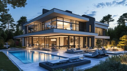 Fototapeta premium 3D rendering of a chic modern house with a glass facade and sleek interior design.