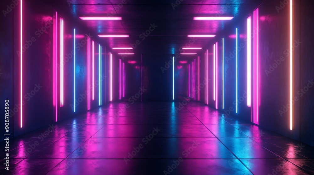 Poster 3d rendering of a dark room with neon-lit walls, creating a futuristic and vibrant ambiance.