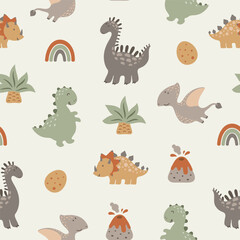 Seamless pattern with cute dinos, volkanos, palms, dino eggs and rainbows. Vector illustration.
